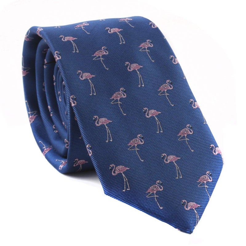Secdtie Mens Navy Blue Self Cravat Novelty Tie Silk Red-crowned Crane Design Animal Skinny flamingos Necktie Gift for Husband - Image 1